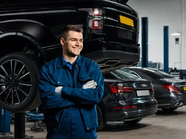 Automotive technician beside vehicles in a workshop